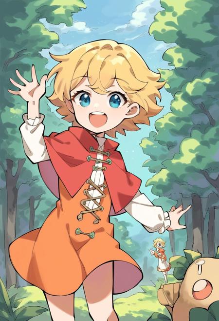 1girl, blonde hair, short hair, blue eyes, capelet, white shirt, orange dress, long sleeves, frills, hand up, arm up, waving, outdoors, forest, smile, open mouth, upper teeth only, flat chest   <lora:Little_Princess_Guardian_tales:1>, score_9, score_8_up, score_7_up, score_6_up, score_5_up, score_4_up, BREAK source_anime, masterpiece