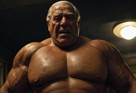 (photo, realistic, raw), (nighttime, at night, dark, dark hard shadows, cinematic atmosphere, movie grain, hazey atmosphere), closeup from below, (brute, etherial, spiritual, emperor, king, god), old burly buff gentleman, old manly mature man, combed back hair,  doublechin, old tanned grandpa, wrinkly neck, proud big chest, thick neck, armpits, tanned skin, tight golden spandex, gold jewellery, gold necklace, in a dark locker room at night, nighttime, arrogant disgusted disappointed smile, intimite situation, romantic atmosphere, stern, serious, angry, sad expression,