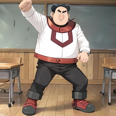 full body, action pose, intimidating, chuml3y, <lora:chuml3y1:.9> classroom background, school, (best quality, masterpiece:1.2), ultra detailed,