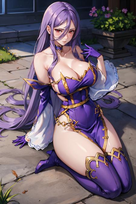 masterpiece, best quality,  <lora:crymaria-nvwls-v1:0.8> crymaria levin, red eyes, choker, bare shoulders, detached sleeves, purple dress, purple gloves, large breasts, thigh boots, seiza, on ground, wincing