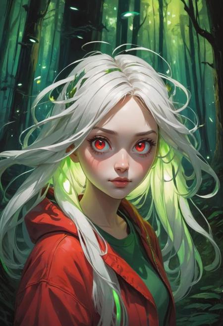 artistic portrait woman, looking at the viewer, (beautiful detailed face:1.4), beautiful long white abstract hairstyle, chubby face, red clothes, strange, lot of firefly, forest night, black and green, (vibrant light:1.4), (shadow detailed:1.2), (highly detailed:1.4), anime style, speed art, abstract artistic brush strokes, (beautiful and aesthetic:1.4), masterpiece, realistic surrealist, (surrealist artistic work:1.4), (fisheye:1.6)