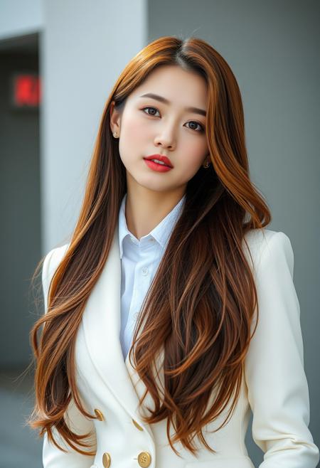 arafed woman with long hair wearing a white jacket and gold buttons, korean women's fashion model, fan bingbing, li bingbing, elegant slim beige shirt, wearing a white blouse, smooth white tight clothes suit, thin lustrous long auburn hair, female actress from korea, portrait of female korean idol, white blouse, gorgeous young korean woman, song hye - kyo