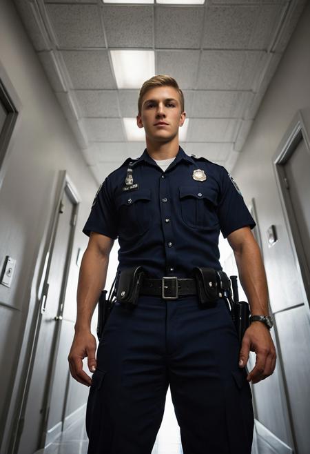 handsome young men Caucasian police academy recruit, standing tall, looking down at viewer, inspection stance, hands behind back, short-sleeved fitted police uniform, badge and name tag visible, duty belt, stern expression, intense eye contact, viewed from below at his feet, extreme low-angle perspective, clean police academy hallway, bright overhead lighting, ultra-realistic, highly detailed, cinematic lighting, sharp focus, professional uniform, realistic proportions