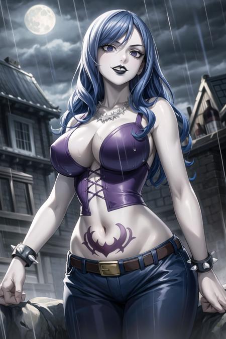 ((best quality)), ((highly detailed)), masterpiece, ((official art)), detailed face, beautiful face, (detailed eyes, deep eyes),(cowboy shot:1.1),juviafisu, blue hair, (lips), looking at viewer, grin, teeth,
(RockOfSuccubus),middle finger, large breasts, navel,(purple), cleavage, midriff, belt, pants, (tattoo:1.1), pubic tattoo,makeup, (colored skin:1.3), (black lips:1.3),(lipstick), (pale skin:1.5), cross-laced clothes, (spiked bracelet), necklace, bustier,
scenary, city, outdoors, (rain:1.2), (water drop:1.2), night, sky, moon,intricately detailed, hyperdetailed, blurry background,depth of field, best quality, masterpiece, intricate details, tonemapping, sharp focus, hyper detailed, trending on Artstation,1 girl, high res, official art