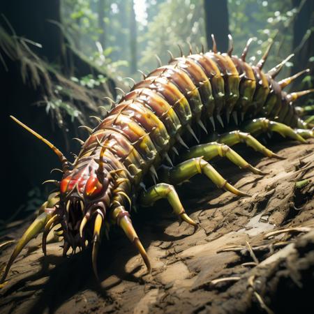 highly detailed documentary photo of giant centipede:1.3,

red eyes, yellow banding, antennae, claws, blurry, realistic, spikes, green body,

masterpiece, best quality:1.1, 

ultra photoreal, photorealistic:1.0, sharp focus:1.1, 
depth of field:1.1, 

50mm, style of Nathan Wirth, Hasselblad X1D II, Porta 160,
