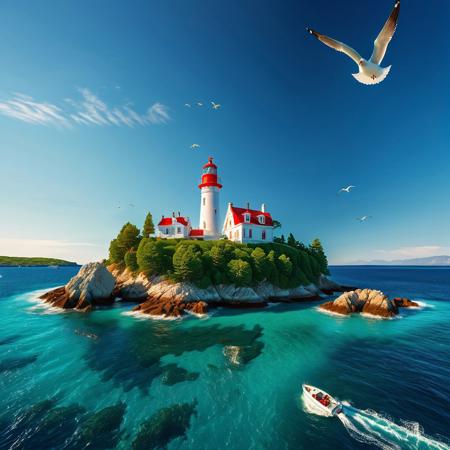 A picturesque island with red-roofed historical houses, a white lighthouse, and a deep blue sky. The island is surrounded by calm turquoise water with gentle waves. The sun is shining brightly, casting a warm glow on the island. Seagulls are flying in the sky. The image is seen from a boat on the water off the island.