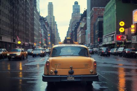 analog gloomy photo of a taxi,  <lora:ch3ck3rc4b:1>, rear view, ((broadway in new york city (at night))), (abandoned buildings), (graffiti), (horror movie), ((nighttime)), (rain),  neon signs, marquee, High Detail, Sharp focus, (photorealism), realistic, best quality, 8k, award winning, dramatic lighting, epic, cinematic, masterpiece, rim light, ambient fog:1.2,  dutch angle, depth of field,