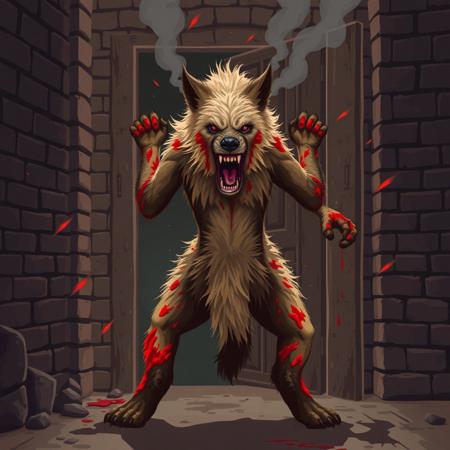 Female animal, covered with fur, anthro furry hyena slams door open, view from other side, berserk mode, in dungeon, brick walls, severe burns all over body, covered in burned fur patches, in rage, in pain, foam on mouth, flat colors, digital art