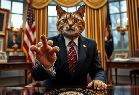 dr claw in sharp suit inside the oval office, real photograph, inspector gadget style, photorealistic, correct hands, correct fingers, presidential seal, vote button, campaign photo, election, elegant scene, madd cat