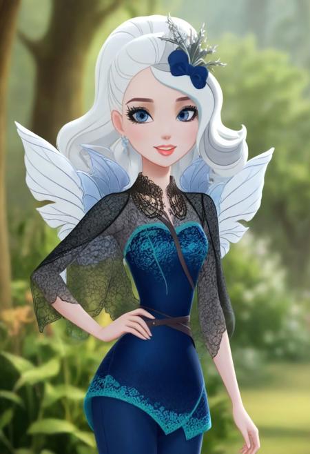 Expressiveh, (Masterpiece, best quality:1.5), score_9, score_9_up, solo, , soft shading, strong lighting,  (anatomically correct),  best high quality, high res,  jewelry, cute, beautiful, (ultra realistic,32k, masterpiece:1.2),(high detailed skin:1.1),( high quality:1.1,  blue eyes, (looking at viewer, portrait:1.1), <lora:add_detail:0.95>, (moody lighting:1.1), sexy, 1girl, 25 years old, full body visible, irl, photorealistic,  realistic style,  smiling, jewelry, necklace, clothes, happy, open mouth, seductive pose, seductive look, outdoors, posing,   face focus,  outdoors, tentacular hair,  faybelle, lace fairy wings, white hair, grey skin, ponytail,   lace clothes, dark blue top, blue pants, full body