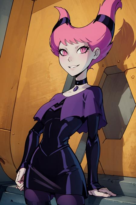 ((masterpiece,best quality)), absurdres, <lora:Jinx_TeenTitans:0.8>, Jinx_TeenTitans,   1girl, curvy, big breasts, wide hips, hand on hip, contrapposto, solo, pink eyes, pink hair, grey skin, hair up, pale skin, medium hair, hair horns, choker, striped pantyhose, capelet, black dress, jewelry,  solo, smiling, looking at viewer, upper body