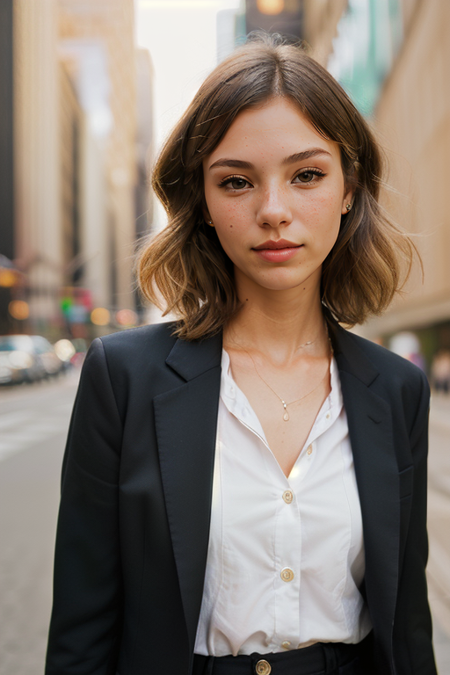 RachelYampolsky, photography by (Rodney Smith:1.3), modelshoot, pose, (business suit, black jacket, white blouse, facing viewer, busy Manhattan sidewalk, looking at viewer, closeup on upper body, blurry background, bokeh, ID photo:1.3), serious look