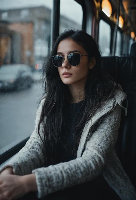 portrait, masterpiece, 4k, ray tracing, intricate details, highly-detailed, hyper-realistic, 8k RAW Editorial Photo.
1girl, sitting on bus, by the window, Black sunglasses, black hair, moody, rainy, white headphone, natural beauty, dark aesthetic, atmospheric, black sweater, black leather coat, 
cinematic light, dramatic light, shallow depth of field,  high budget, bokeh, cinemascope, film grain,
