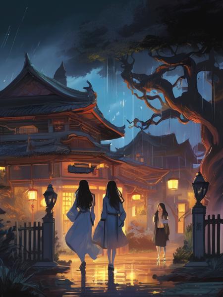 (\wan sheng jie\), tree, night, monster, multiple girls, dark, long hair, house, torch, ghost, rain, sky, scenery, horror \(theme\), outdoors, staff