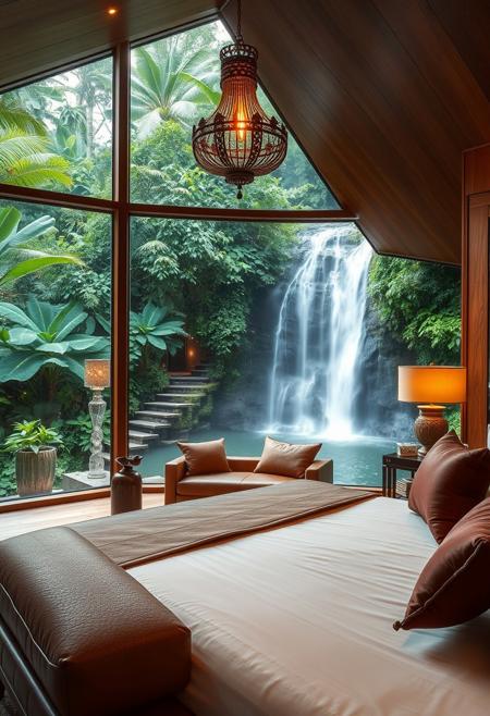A stunning ultra modern bedroom scene situated on the edge of a waterfall in a lush green tropical forest, bedroom is furnished in lush brown leather tones, rich wood, ornate glass lamps with warm inviting lighting, large windows let in natural light and provide a stunning view of the waterfall outside