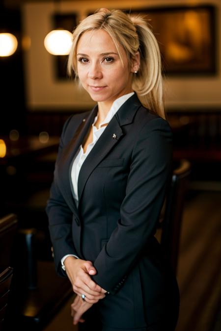 business suit, in a restaurant,  <lora:Sarah_Jane_Honeywell:1> masterpiece,best quality, detailed face, 1girl, solo, sj1873h, blonde_hair, pig tail