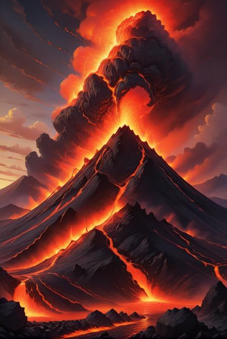 xl_kk, a volcano errupting, molten lava flows down the side, large volcanic rocks, firey sky, orages, reds, blacks, <lora:Saturated_Landscape_XL-KK:1>