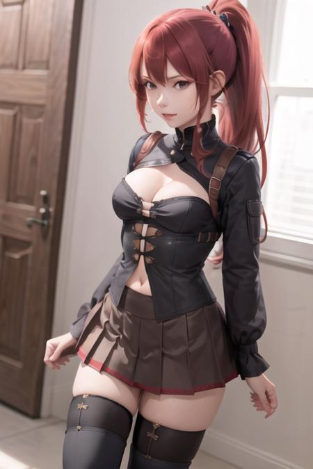 Milly\(milly)\,1girl, solo, medium breasts, hair ornament, thighhighs, long sleeves,  navel, cleavage, pleated skirt, boots, black thighhighs, apartments, (ponytail:1.2), red eyes, ultra detailed <lora:Milly_The_Aristocrat_s_Otherworldly_Adventure_Serving_Gods_Who_Go_Too_Far-000014:0.7>