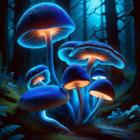 Digital Artwork:1.3 of an octane render of a nocturnal landscape, where a cluster of bioluminescent fungi thrives with an intense, radiant blue glow. This serene tableau is captured in a digital painting style that expertly blends realism with a touch of the otherworldly, aiming for an 8k resolution. The palette is a study in contrasts, with deep indigo and electric blue hues dominating, accented by subtle shades of ultramarine and teal. Light plays off the smooth surfaces of the fungi, with skillful use of shading and highlights that give the scene a luminous quality. The composition is meticulously crafted to create an atmosphere of wonder and tranquility, with each mushroom cap glowing like a beacon in the darkness. This image, suitable for a high-concept art piece or a visually stunning game environment, emphasizes a deep depth of field and a global illumination technique that enhances the intricate details and surreal beauty of this enchanting, glowing forest. Blue lighting everywhere