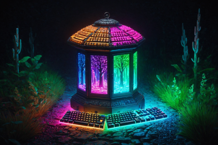 a cyber lantern made out of RGB Keyboards, with glowing flame, digital casing, solo, with white aurora RGB lights, soft and ethereal, a digital neon forest with glowing trees, RGB vines, shimmering paths, detailed background, syncing to a neon rhythm, shimmering with RGB lights, futuristic, glowing with RGB lights, overhead shot, a neon citadel ceremony with artifacts, glowing ruins, RGB statues, a glowing neon circuit with RGB lights, embedded in the ground, pulsing RGB clouds with RGB lights, vibrant and dynamic, digital noon with bright RGB lights, vibrant glow, electric atmosphere, mysterious, with enigmatic RGB lights, best quality, vibrant colors, realistic style, high detail, high-definition, hyper-realistic, extremely high-resolution details, fine texture, incredibly lifelike, realistic, not cartoon, not drawing, highres, 4K resolution, source photo, realistic photo, masterpiece, best quality, amazing quality, very aesthetic, ultra-detailed, detailed textures, natural lighting, soft light, neon RGB colors, vibrant reds, blues, greens, digital flash, bright and intense, close-up shot, <lora:RGB_Keyboard_themed-000008:1>