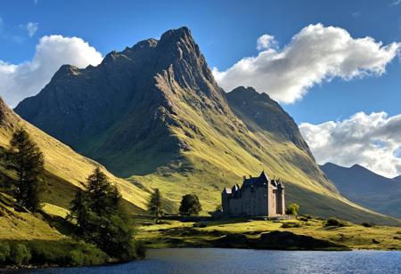 (masterpiece:1.3), subsurface scattering, heavy shadow, (high quality:1.4), (intricate, high detail:1.2),  ambient lighting, atmospheric effects, OverallDetail, blue sky, cloud, day, highlands, landscape, castle, lake, nature, no humans, outdoors, scenery, sky, mountains