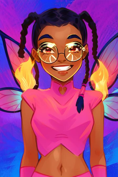 Taranee,  twintails,  dreads, short hair,  glasses,     upper body,    smiling, smug,
CokW, striped pantyhose,midriff, pink wristbands, fairy wings,  toned,  pink crop top, turtleneck,
fire background,
(insanely detailed, beautiful detailed face, masterpiece, best quality) cinematic lighting,  <lora:TaraneeCook-10:1>