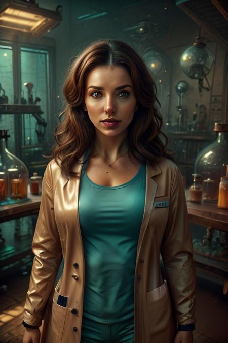 Laboratory, table, wendy, camillia, , jennadds, sexy female cyborg, mature lady, lab coat, evocham, labcoat, BREAK, unreal engine, elegant, epic composition, art nouveau, colorful coat, latex coat, eyesgen, perfect eyes, beautiful eyes, big iris, big pupils, Older woman, brunette, breasts, massive breasts.