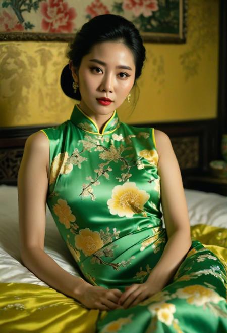 The texture of a Wong Kar-Wai movie, a beautiful Chinese woman, wearing a sexy green and yellow cheongsam, lying on the bed, looking at you seductively, the texture of the movie, ultra high quality, 4K, outstanding, detailed