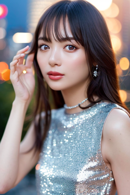 1girl,(wearing a beautiful glittery dress:1.3),on the shibuya sky observatory),(city lights at night:1.3),(overlooking Tokyo city:1.2),lively and bustling city at night,starry sky,(RAW photo, best quality), (realistic, photo-realistic:1.4), masterpiece, an extremely delicate and beautiful, extremely detailed, 2k wallpaper, Amazing, finely detail, extremely detailed CG unity 8k wallpaper, ultra-detailed, highres, soft light, beautiful detailed girl, extremely detailed eyes and face, beautiful detailed nose, beautiful detailed eyes,cinematic lighting,perfect anatomy,slender body,(hair flowing by wind),bokeh,instagram beauty filter,dynamic angle,instagram beautify filter,flawless skin,(wide smile:1.4),standing