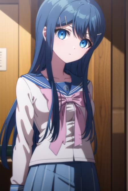 sayakamaizono, <lora:sayaka maizono s1-lora-nochekaiser:1>,
sayaka maizono, long hair, bangs, blue eyes, hair ornament, blue hair, hairclip,
BREAK long sleeves, bow, school uniform, collarbone, serafuku, bowtie, sailor collar, pink bow,
BREAK indoors, classroom,
BREAK looking at viewer, (cowboy shot:1.5),
BREAK <lyco:GoodHands-beta2:1>, (masterpiece:1.2), best quality, high resolution, unity 8k wallpaper, (illustration:0.8), (beautiful detailed eyes:1.6), extremely detailed face, perfect lighting, extremely detailed CG, (perfect hands, perfect anatomy),