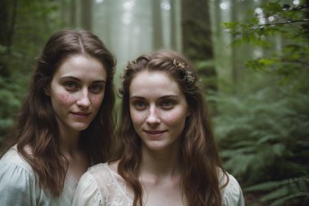 hyper realistic photograph, film grain, Kodak portra 800, f1.8, close up of two beautiful 18yo entwives,  walking through a dense forest, haze,  fog, dim diffuse light, detailed faces, beautiful faces, beautiful eyes, piercing eyes, gaunt, tired, dehydrated, crazy smile, unhinged, psychopathic