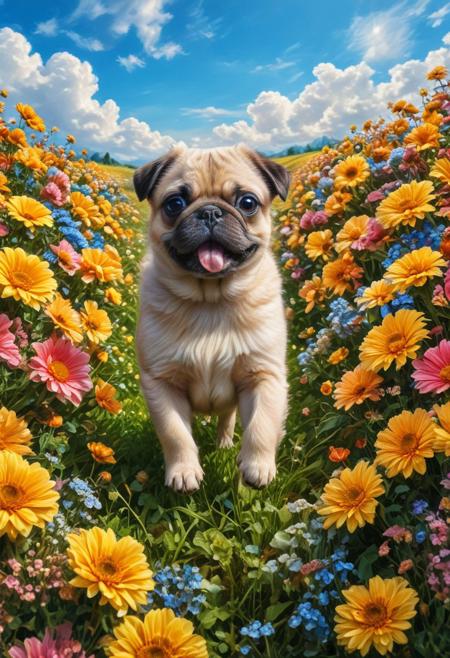 Masterpiece, highres. Highly detailed. Close-up photo of pug puppies running through field of colorful flowers, fluffy fur, huge flowers, big eyes. cute, happy, joy. The sun is shining. Blue sky with fluffy clouds.