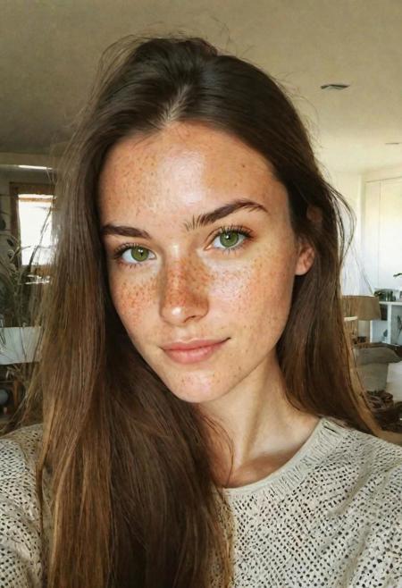 instagram selfie , a 23 year old gorgeous woman , slight smirk, detailed skin face and eyes , natural lighting , at home , long hair, low contrast, natural face , freckles , brunette hair , green eyes