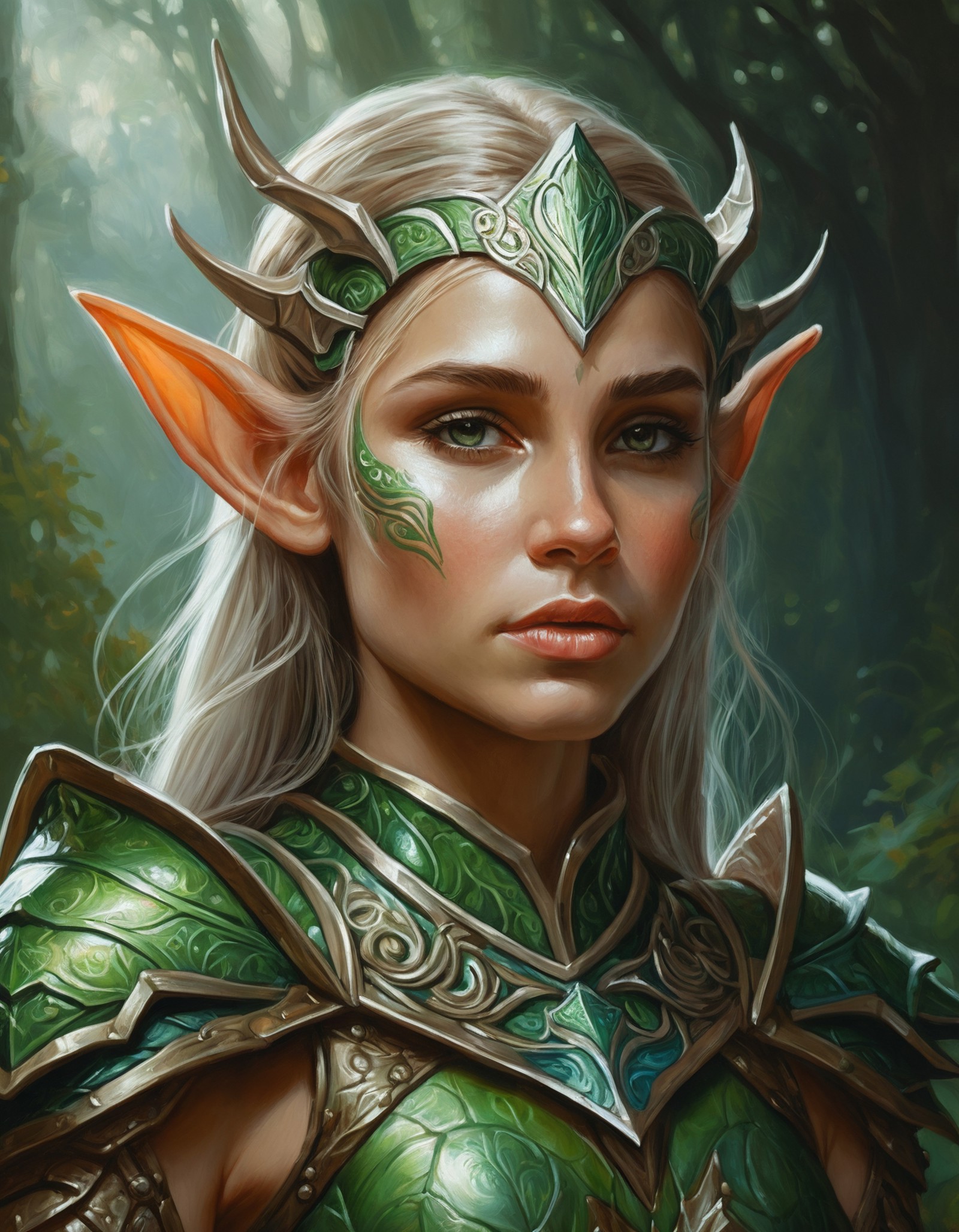 oil painting of young elf woman, perfect face, high detailed elf armor, dramatic, extremely detailed, intricate, elegant