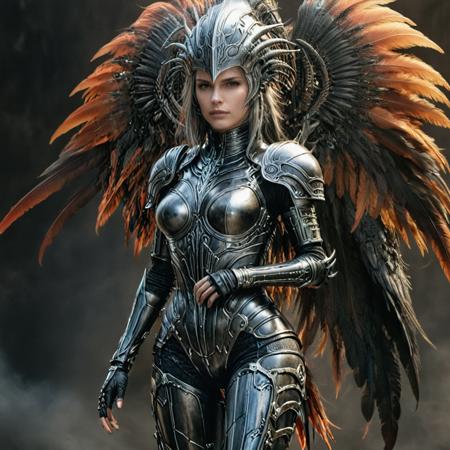 full body shot of a woman from final fantasy live action, with the face of h. r. giger. a beautiful digital painting. artstation. digital art. concept art. illustration. realistic. vibrant. by justin gerard <lora:alienzkin-sdxl:1.1> alienzkin <lora:EbonyGold-000014:1.4> ebonygold  armor, colorfeathers <lora:xl_more_art-full_v1:0.95>