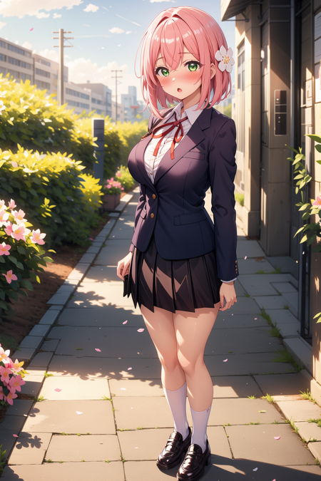 1girl, solo, BREAK outdoors, classroom, school, looking at viewer, (masterpiece:1.2), best quality, high resolution, unity 8k wallpaper, (illustration:0.8), (perfect hands, perfect anatomy), (blush:1.5), shiny hair, shiny skin, large breasts, skirt, shirt, ribbon, school uniform, blazer, white shirt, pleated skirt, collared shirt, black skirt, red ribbon, neck ribbon, :o, full body, white socks, thighs, hanazono hakari, short hair, pink hair, hair between eyes, hair flower, hair ornament, green eyes, standing  