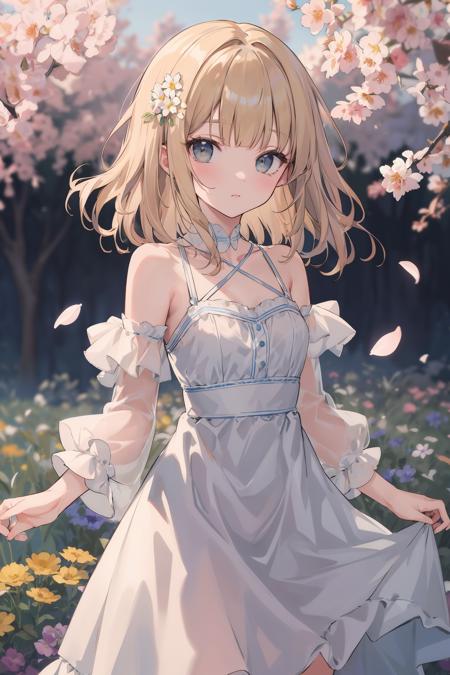 masterpiece, best quality, cute,medium hair, [blue | blonde] hair, [blue | yellow] eyes, wavy hair, blunt bangs, dress, bare shoulders, standing, cowboy shot, flower,depth of field, field,