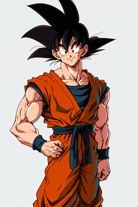 SonGoku Son Goku, 1boy, black hair, solo, dougi, wristband, black eyes, spiked hair,muscular, collarbone, clothes writing,shirt,  Son Goku, 1boy, male focus, solo, super saiyan, spiked hair, blonde hair, super saiyan 1, Green eyes,