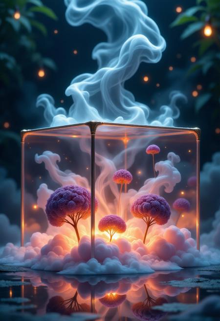 a glass cube sculpture, concealed inside the cube are, creating a mesmerizing atmosphere. as the smoke wafts towards the ceiling, (masterpiece, such as t shirts, the image evokes a sense of mystery and unease, field, lights emerges out of the frame, in the dark, detailed image, high quality detailed, shaped cube, amazing wallpaper, digital painting highly detailed, uhd detailed oil painting, beautiful art uhd, focus on full glass cube, bokeh, background, extremely detailed award winning photography, fantasy studio lighting, photorealistic very attractive beautiful imperial colours ultra detailed 3d, very intricate, (3d framed, mega details), uhd
,pinkhidreamfantasy, aidmamjv7