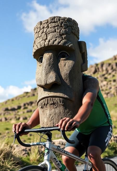 An image of an easter Island head as a man riding a 10 speed bike, tour de france Easter Island head.