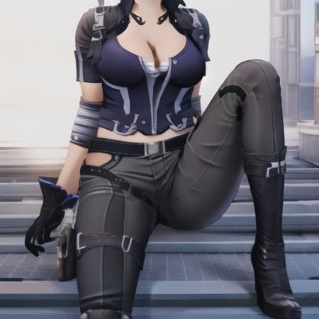 (masterpiece, best quality:1.2),illustration,8k,hd,1girl,solo,upper body,realistic,delicate face,beautiful detailed eyes,breasts,short hair,cleavage,gloves,hat,knee pads,large breasts,boots,blue hair,midriff,pants,shirt,short sleeves,grey hair,elbow pads,black pants,belt,<lora:Sophia-V1:0.9>,