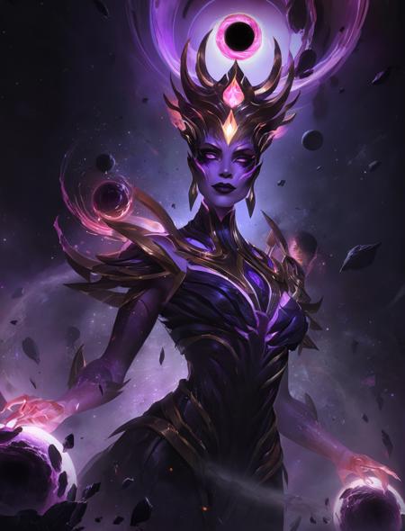 csmicvoid style,hyperdetailed photography,absolutely Epic embodiement of dark void empress,ethereal,cosmic,cinematic,trending,awardwinning,32k,(in the style of aleksi briclot:1.8),(russ mills,ryan hewett:1.5),combat mode,ornaments,glowing eyes,dark,atmospheric,abstract,<lora:add-detail-xl:1.5>,<lora:cosmicvoidxl-000004:0.9>