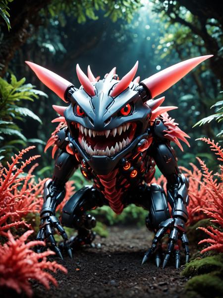 cinematic film still made of coral leaf, sci-fi, digital art, jungle, knee level shot of a robotic (Gnash Teeth Pokémon of Doom:1.3) , wearing cybernetics, stylized by Christopher Nolan, mind-bending, non-linear narratives, artistic, <lora:coralbugXL:0.75>, ambient light, fine polished, enhanced quality, complimentary colors, gorgeous . shallow depth of field, vignette, highly detailed, high budget, bokeh, cinemascope, moody, epic, gorgeous, film grain, grainy