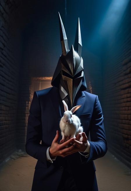 highly detailed and hyper realistic photo, by Brian Stelfreeze , by Julius Horsthuis , by Iwan Baan , a horrifying dark ((pyramid head)) creature in a dark dungeon holding an object in it's dark claw like palm , in the style of  avant-garde fashion editorial photography, limited dark palette, unusual dark colors, faded colors, atmospheric haze, highly dramatic cinematic lighting, motion blur, film grain,  professional, excellent composition, finest details, maximized details, ultimate detail level, masterpiece, best quality 
BREAK  
creature is ((holding)) a tiny cute white rabbit in it's palm