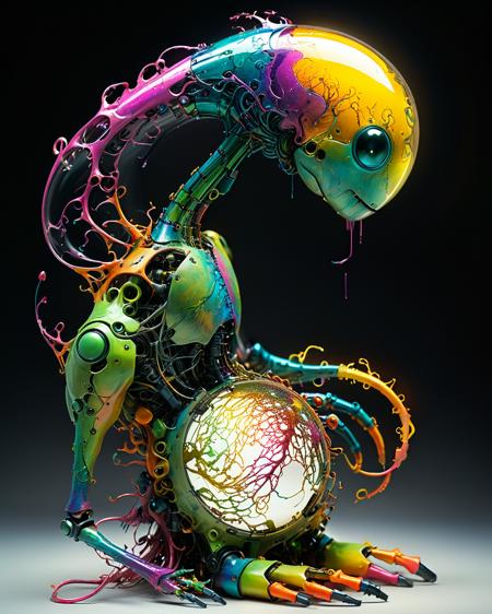 alien non-anthropomorphic bioengineered creature,  (working on a computer:1.9), maintenance symbol, transparency:1.4, (detailed cybernetic implants fused with organic matter:0.5), full body, (with intensely vibrant swirling colors:1.9), realistic photo, <lora:add-detail-xl:1.0> ,  <lora:artialien:1> artialien
