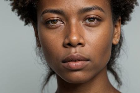 closeup of woman facing viewer, [hair, neck, eyes, lips: neutral face expression: 0.2], RAW photo, 1girl