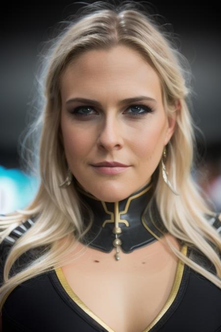 raw, close up, photo of a beautiful woman, nice face, stunning eyes, at the comic con convention, people in the background, 8k uhd, high quality, masterpiece