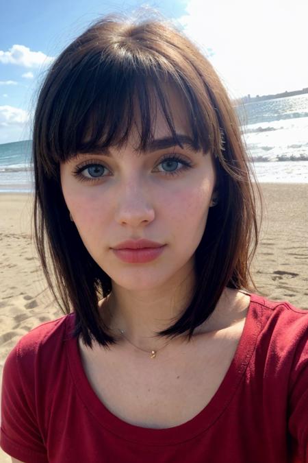score_9, score_8_up, score_7_up, instagram photo of 21yo girl, very very beautiful face, detailed face, puffy lips, perfect lips, perfect nose, slight makeup, clear water, beach, black hair bangs, detailed blue eyes, wearing short red shirt, short dark jeans, pale skin, medium breast, sunny, day, shadows, beautiful background, higly detailed, 4k, ultrahd
