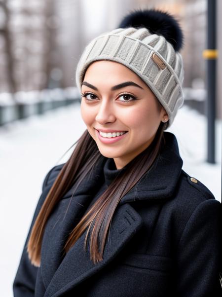 a photo of amgutierrez, smiling, realistic skin, winter clothes, winter city background, 8k UHD, DSLR, soft lighting, high quality, film grain, Fujifilm XT3