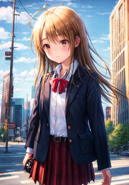 1girl, ahoge, bag, bangs, belt, belt_buckle, black_jacket, blazer, blonde_hair, blush, bow, bowtie, bridge, brown_eyes, building, city, cityscape, cloud, cloudy_sky, collared_shirt, cowboy_shot, dress_shirt, dusk, evening, eyebrows_visible_through_hair, gradient_sky, hair_ornament, holding, jacket, long_hair, long_sleeves, looking_at_viewer, miniskirt, open_clothes, open_jacket, orange_sky, outdoors, plaid, plaid_bow, plaid_skirt, pleated_skirt, power_lines, red_skirt, red_sky, scenery, school_bag, school_uniform, shirt, shoulder_bag, skirt, sky, skyscraper, solo, sun, sunset, twilight, utility_pole, white_shirt <lora:style_gotoP:1>